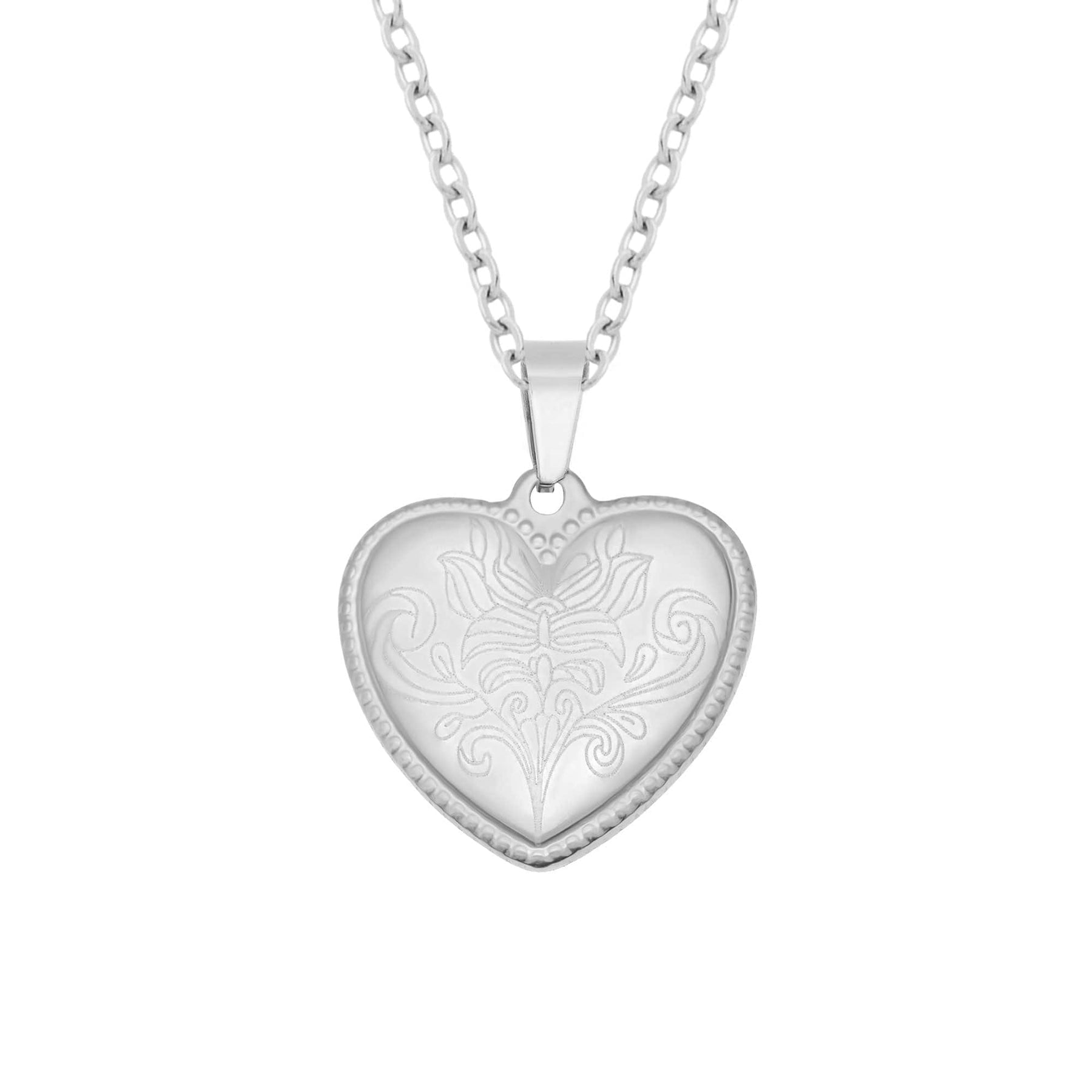 BohoMoon Stainless Steel Engraved Heart Necklace Silver