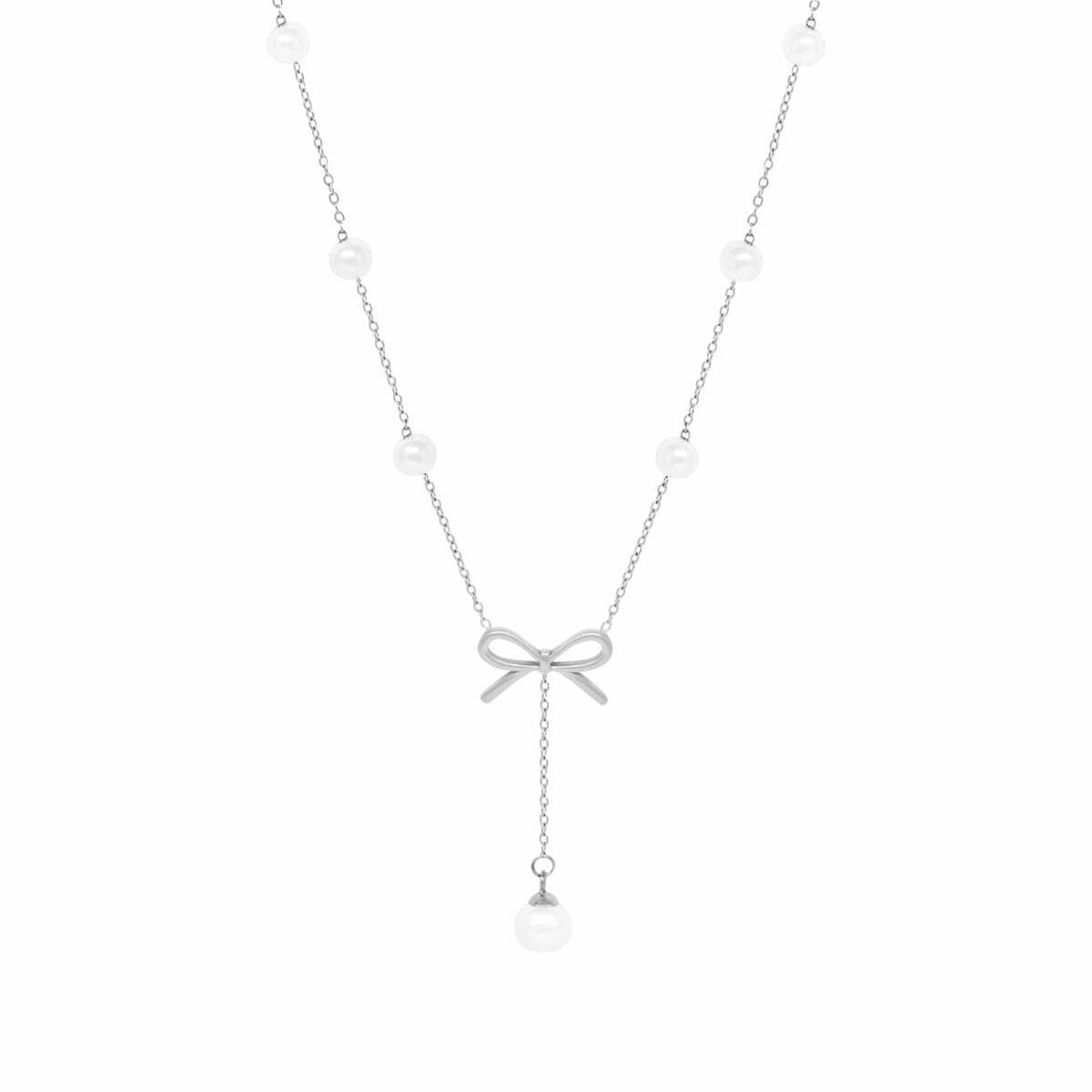 Bohomoon Stainless Steel Everlast Bow Pearl Necklace