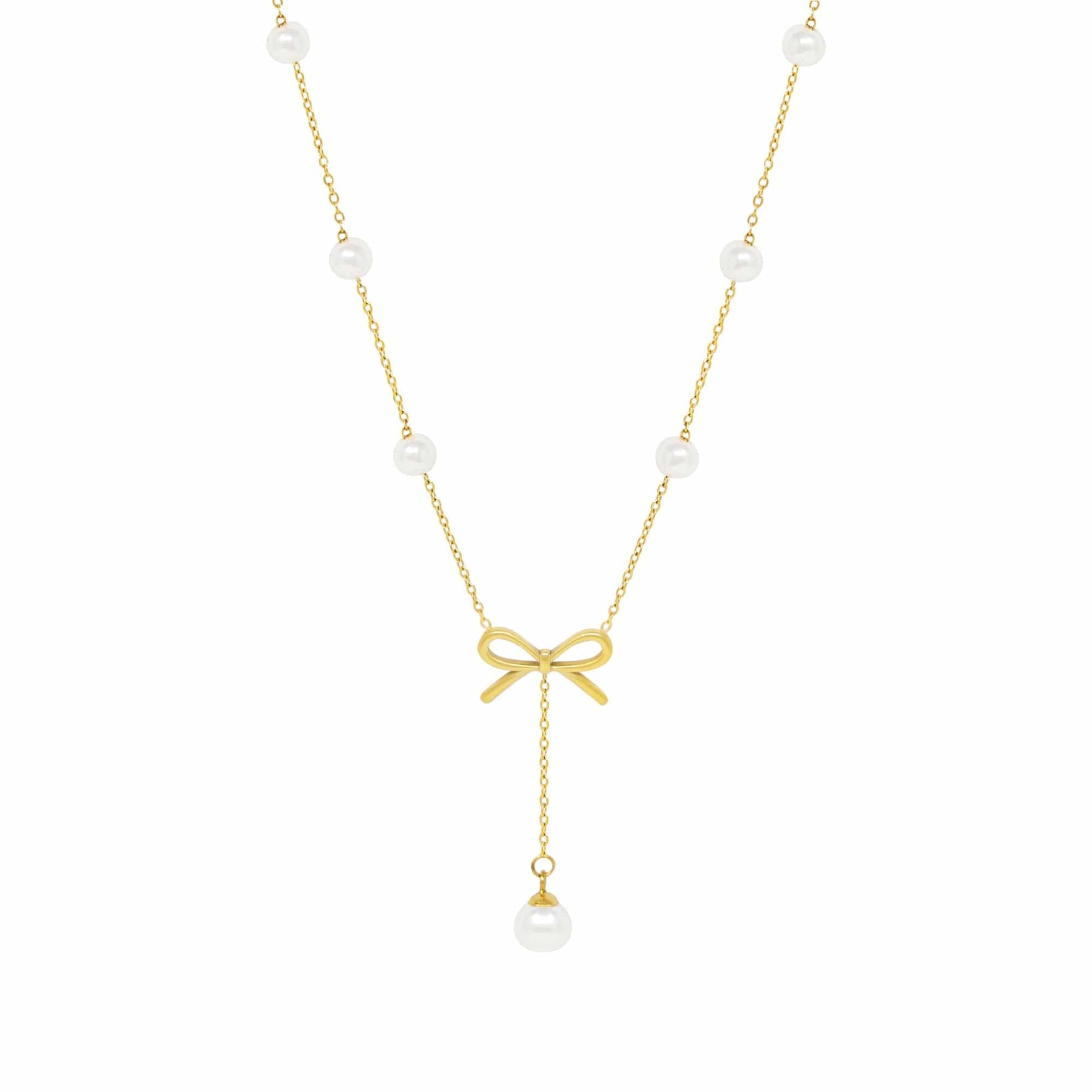 Bohomoon Stainless Steel Everlast Bow Pearl Necklace