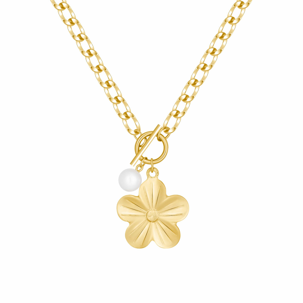 Bohomoon Stainless Steel Hibiscus Pearl TBar Necklace