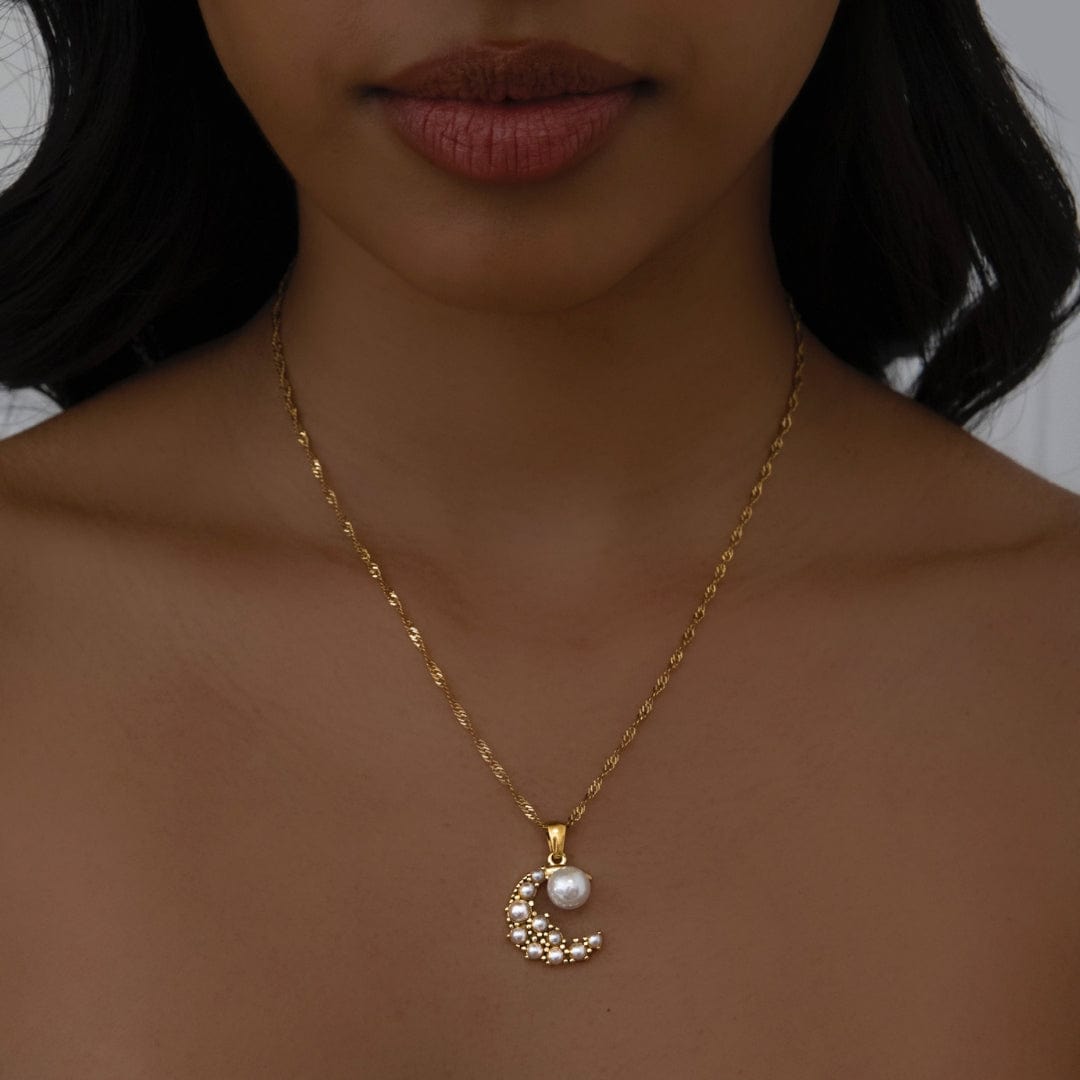 BohoMoon Stainless Steel Pearl Moon Necklace Gold