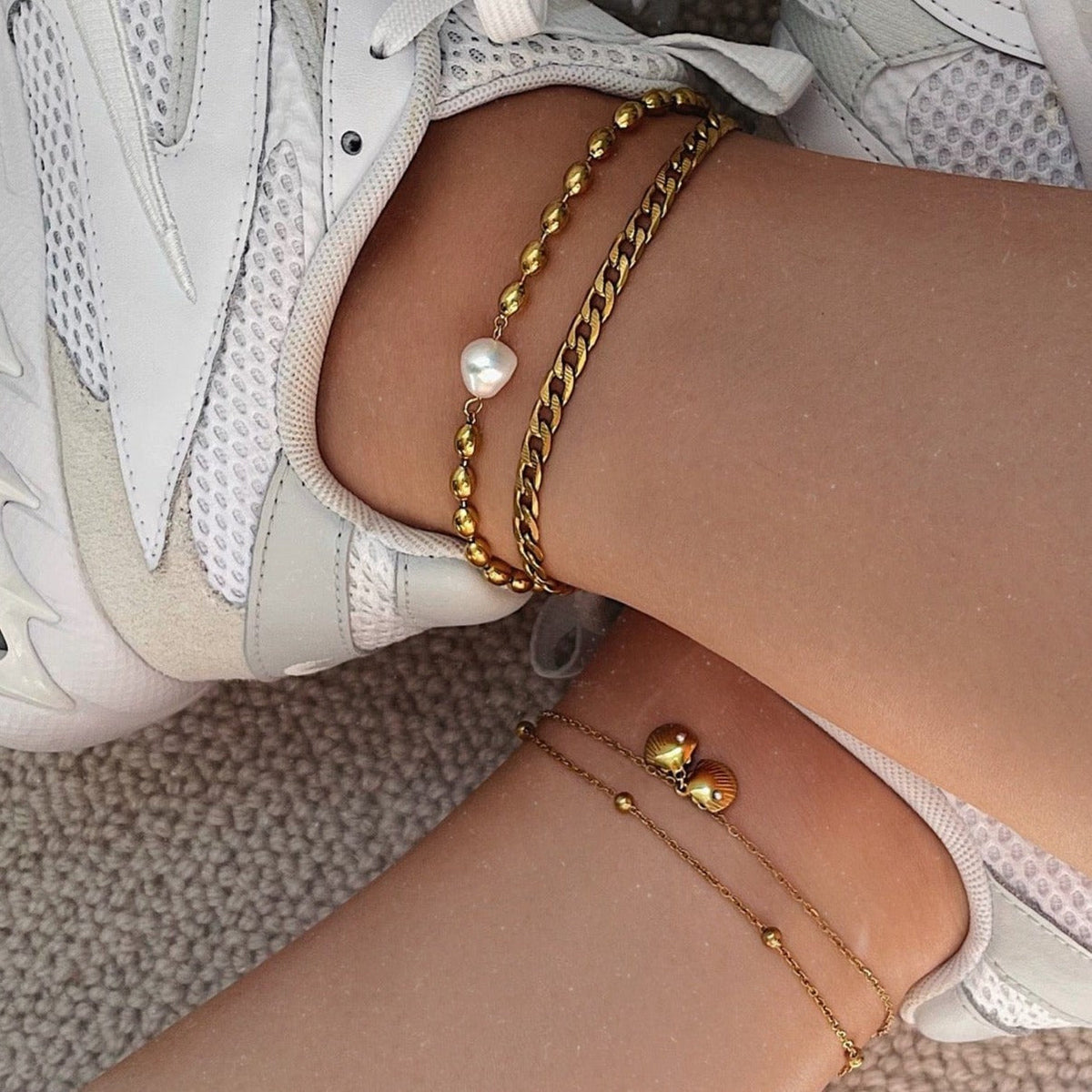 BohoMoon Stainless Steel Seashell Double Anklet Gold